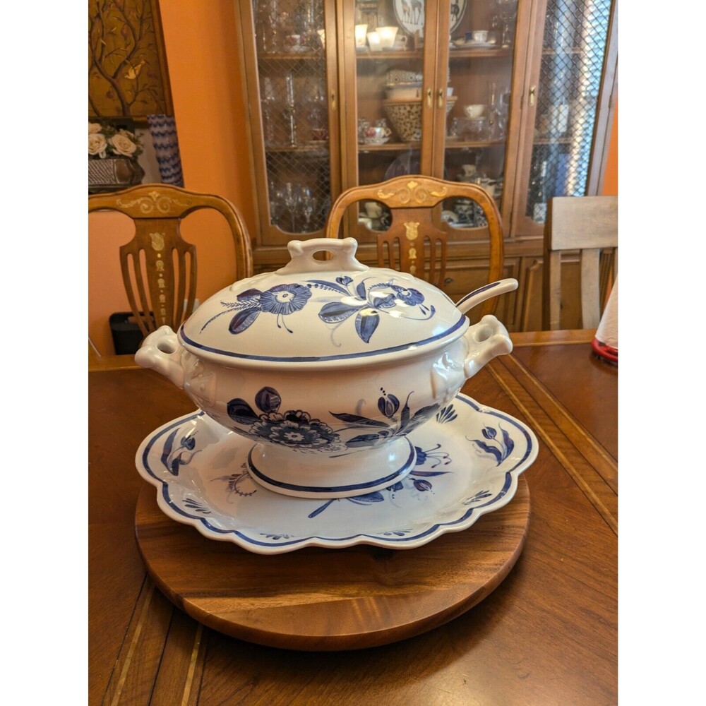 Delft Blue Tureen with a Lid , Scoop and an Underplate